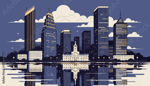 Modern Metropolis Skyline with Historic Building Reflection on Water at Twilight Night Scene philadelphia skyline