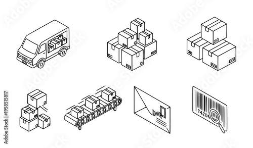 Isometric shipping workflow glyph icons logistics vector illustration set