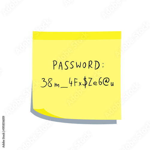 Difficult password with special characters. Yellow sticky note message. Paper sign.