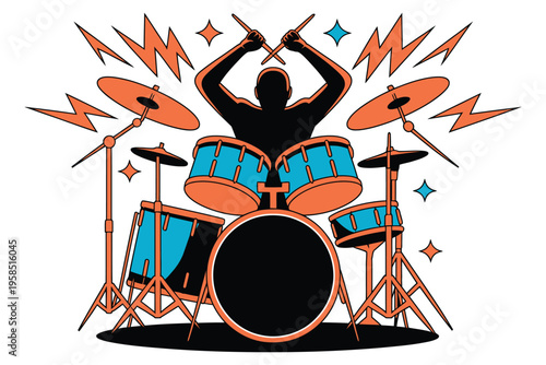 Professional drummer playing drum kit silhouette with lightning bolts and musical energy in bright blue and orange colors isolated vector