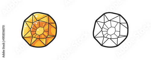 Citrine gemstone vector illustrations shown in colored cartoon and black outline linear styles, bright yellow and golden amber mineral tones, representing natural precious stone on white background