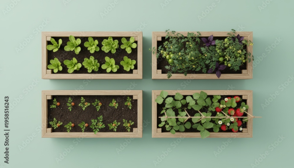 Fototapeta premium Seedlings In Four Containers, Neatly Organized Seedlings In Four Planters On Balcony, Top View Showcasing Four Orderly Planter Boxes With Earlystage Seedlings In Bright Indoor Setting