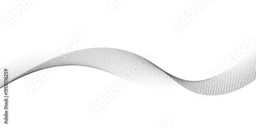 Flowing dots particles wave pattern halftone gradient curve shape isolated on white background. Vector in concept of technology, science, music, modern.