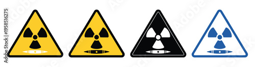 Nuclear weapon icon set multiple, atomic bomb and missile icons representing war and defense threats, hazardous military symbols collection, modern flat vector illustration set for warning, security 