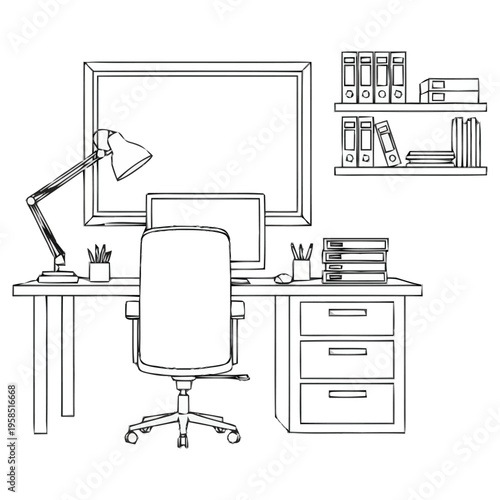 Modern Home Office Setup With Desk Computer Chair Lamp and Shelves For Remote Work or Small Business Operations