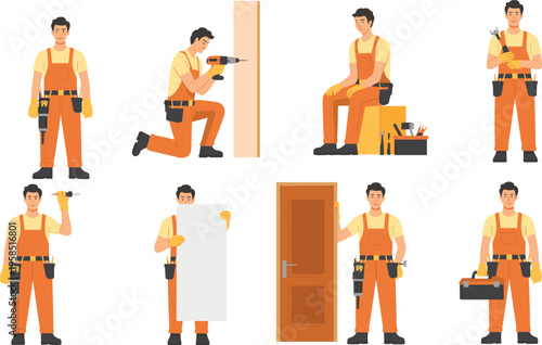 Handyman character set in orange overalls with tools drill and toolbox for construction renovation and home repair service vector.
