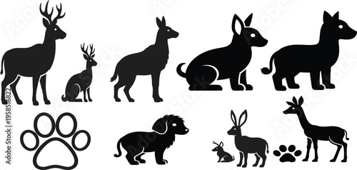 Collection of black animal silhouettes on white background featuring various mammals