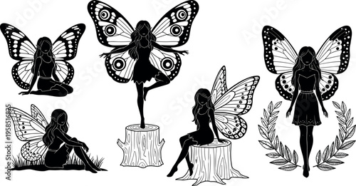 Magical Fairy Silhouette Collection, Mythical Forest Pixie with Butterfly Wings, Enchanted Nymph Sitting on Tree Stump, Fantasy Girl Vector Art.