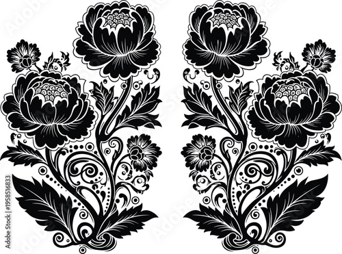 Elegant black and white symmetrical floral ornament with blooming peonies folk art style rose pattern vintage botanical vector illustration for laser cutting