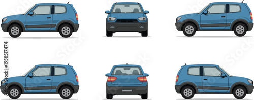 Blue compact SUV car vector set showing front side and back views for automotive design and transportation graphics.