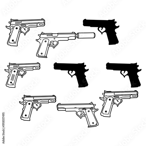 Handgun pistol and self defense firearm silhouettes set