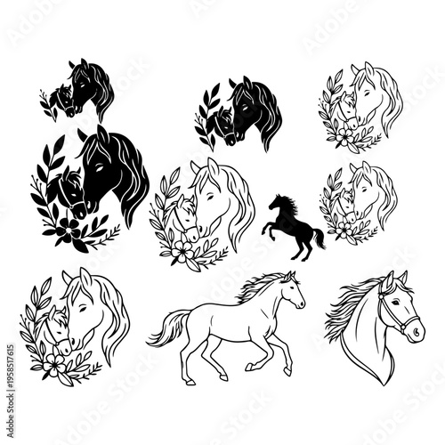 Horse and foal with floral elements nature silhouette collection