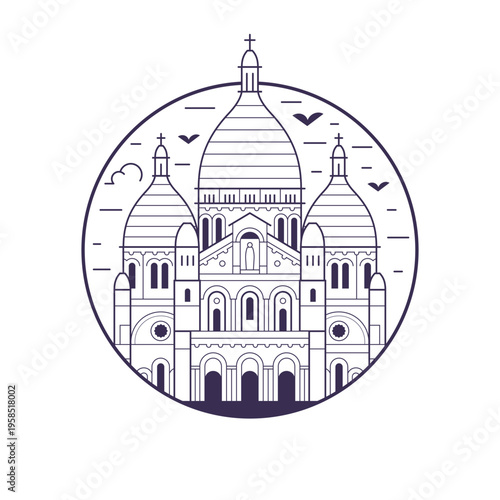 Paris landmark Sacre Coeur circle icon in line art