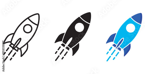 Collection of three distinct stylized rocket icons representing launch speed progress and rapid business startup or technological advancement concepts