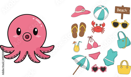 Cartoon Illustration of a Cute Pink Octopus with Beach Accessories Including Sunglasses, Swimwear, and Beach Ball for Summer Fun Designs