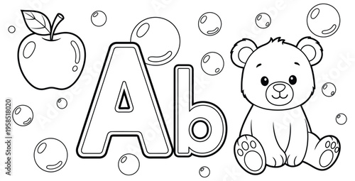 Adorable black and white coloring page featuring the letter a and b alongside a cute bear and a fresh apple surrounded by playful soap bubbles perfect for early learning activities.