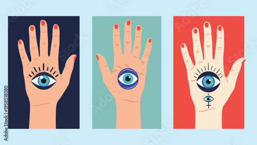 Three artistic hands in different skin tones each featuring a large detailed blue eye in the center of the palm against flat backgrounds.