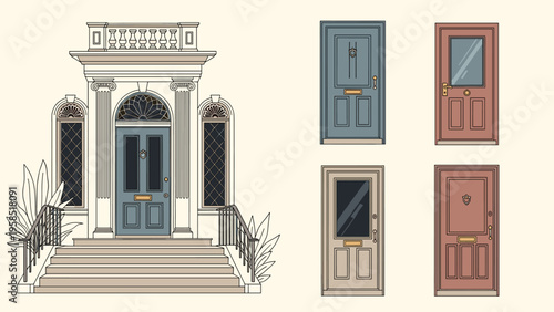 Architectural collection featuring one grand ornate house entrance with steps and four smaller diverse door designs in various styles.