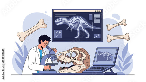 Advanced paleontological research showing a professional scientist using a microscope and computers to study ancient dinosaur fossils.