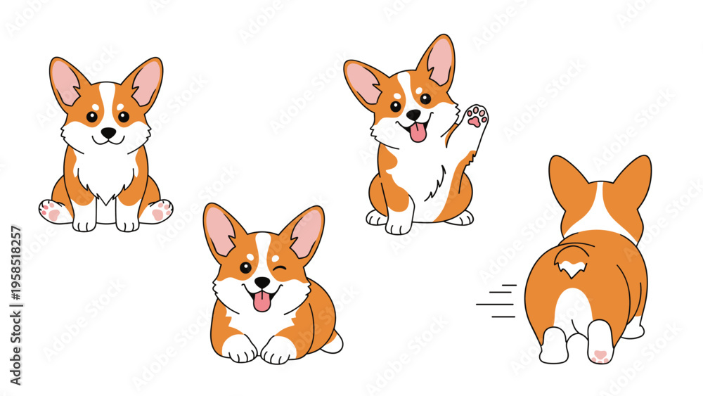 Fototapeta premium Four adorable welsh corgi puppies in different poses including sitting, waving, winking, and showing its back on a white background.