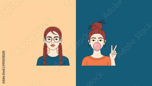 Split screen portrait of two young women with different hairstyles and expressions against contrasting peach and dark blue backgrounds.