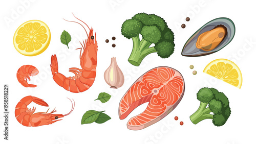 Assortment of healthy seafood and vegetables including salmon, shrimp, mussels, broccoli, lemon slices, garlic, and peppercorns.