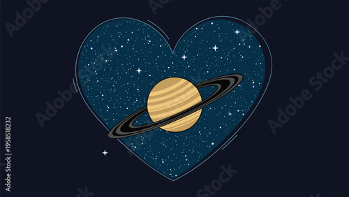 Beautiful illustration of the planet saturn with its rings placed inside a heart shape filled with a starry night sky backdrop.