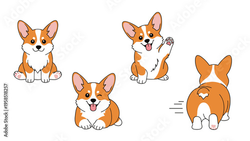 Four adorable welsh corgi puppies in different poses including sitting, waving, winking, and showing its back on a white background.