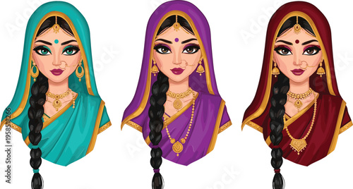 Beautiful flat vector illustration set of three Indian women avatars wearing colorful traditional sarees and bridal jewelry with long braided black hair.
