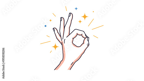 Human hand gesture showing the universal okay symbol surrounded by various decorative sparkles and lines on a clean white background.