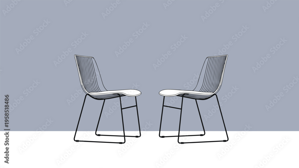 Fototapeta premium Pair of modern minimalist black wire chairs facing each other in a room against a soft grey and white wall background for a clean design.