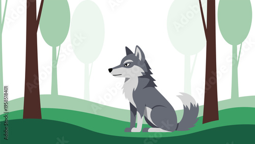 Majestic grey wolf sitting calmly in a stylized forest with tall trees and a layered green landscape scenery background illustration.