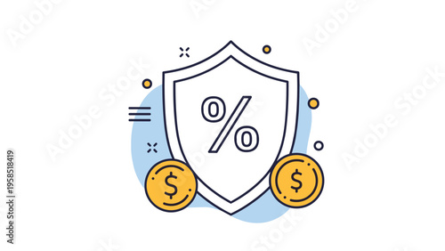 Financial security concept featuring a white shield with a black percent sign protected by two golden dollar coins on a blue background.