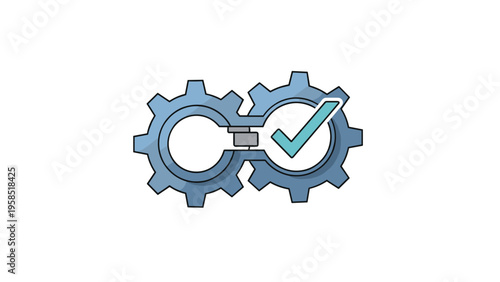 Business process optimization concept showing two interlocking blue gears with a large green checkmark in the center of the mechanism.