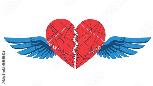 Stylized red broken heart meticulously stitched back together with large blue wings on either side representing healing and freedom.