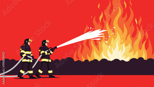 Two brave firefighters in full protective gear using a high-pressure water hose to extinguish a massive orange and red wall of fire.