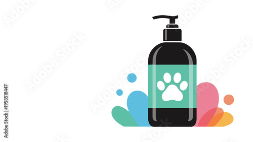 Black pet shampoo bottle with a pump dispenser and a white paw print logo surrounded by soft colorful bubbles and abstract shapes.