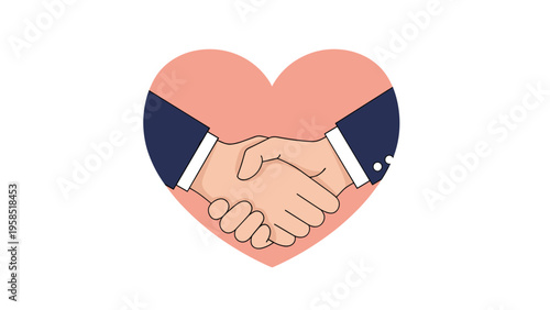 Two professional hands shaking firmly inside a large pink heart shape representing partnership, mutual trust, and business agreement.