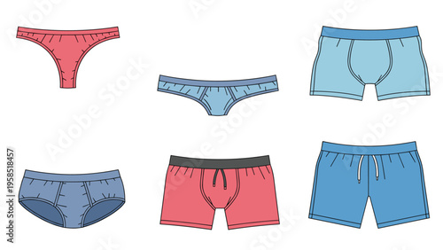 Selection of six different styles of men's and women's basic underwear in various shades of blue and red colors on a white background.