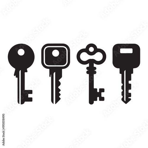 Collection of different key shapes silhouette set security access icon bundle illustration