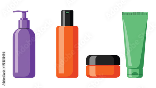 Assortment of colorful cosmetic product containers including pump bottles, flip top caps, a tube, and a cream jar on a white background.