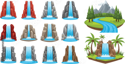 Comprehensive flat vector illustration set of various waterfall designs with different rock textures alongside scenic tropical island and mountain river landscapes.