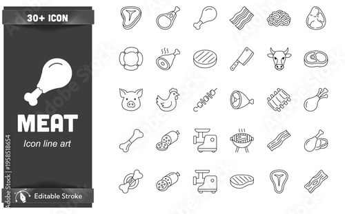 A collection of various meat and butchery related line art icons