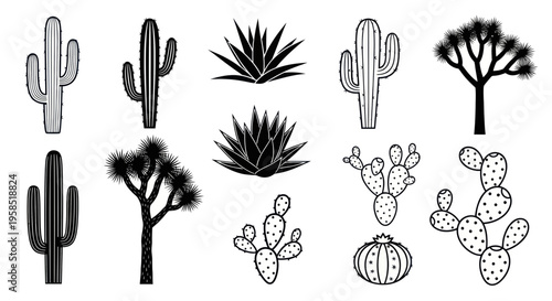 Desert Plants Silhouette Collection: Cacti, Agave, Joshua Tree, Prickly Pear