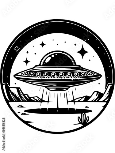 A black and white illustration of a flying saucer isolated on transparent background