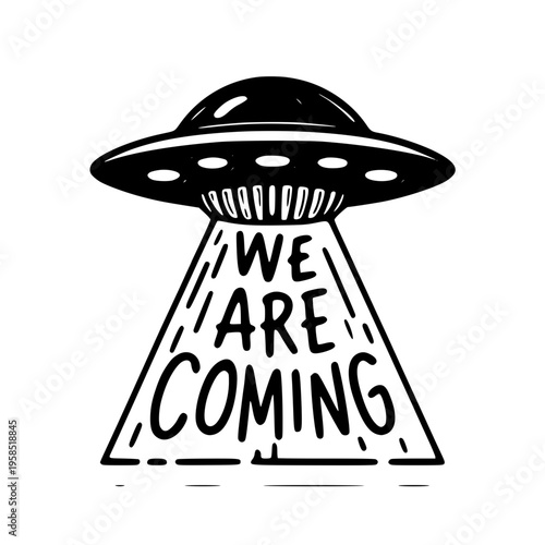 A black and white illustration of a flying saucer isolated on transparent background