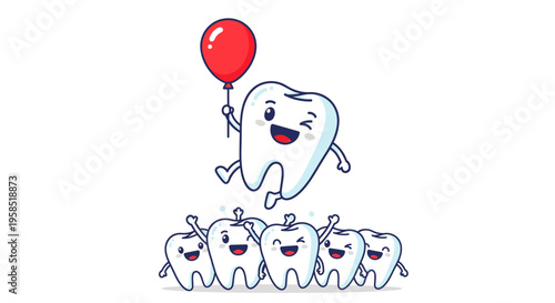 Happy cartoon tooth character with balloon, celebrating with other teeth.