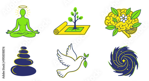 Holistic Wellness Icons: Meditation, Nature, Brain Health, Balance, Peace, Cosmos