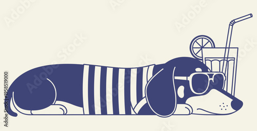 Stylized illustration of a dachshund dog relaxing poolside wearing striped attire and cool sunglasses next to a refreshing summer beverage with citrus garnish
