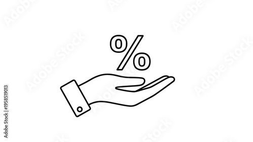 Line icon of a human hand holding a percentage sign to represent a special offer discount or interest rate.